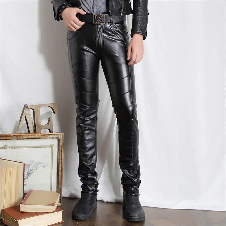 2209 обтягивающие брюки из искусственной кожи мужские черные мотоциклетные модные брюки для бега мужские брюки из искусственной кожи размера плюс корейский стиль - Цвет: Черный