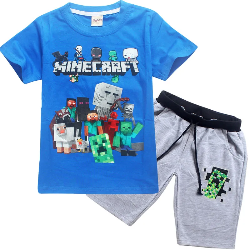 2018 الأطفال الصيف الكرتون Minecraft مطبوعة القطن صبي و فتاة قصيرة الأكمام تي شيرت + السراويل ملابس رياضية عصرية الملابس