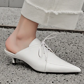 

Plus size 34-42 women's genuine leather high heel mules pointed toe lace-up summer sandals high quality comfort sandalias shoes