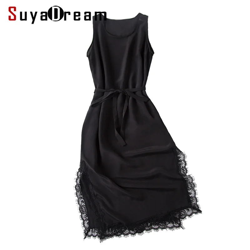 

Women Long Dress 100%Real Silk Crepe Black Belted Dresses Sleeveless Lace Silk Dress 2019 Summer Office Lady Dress
