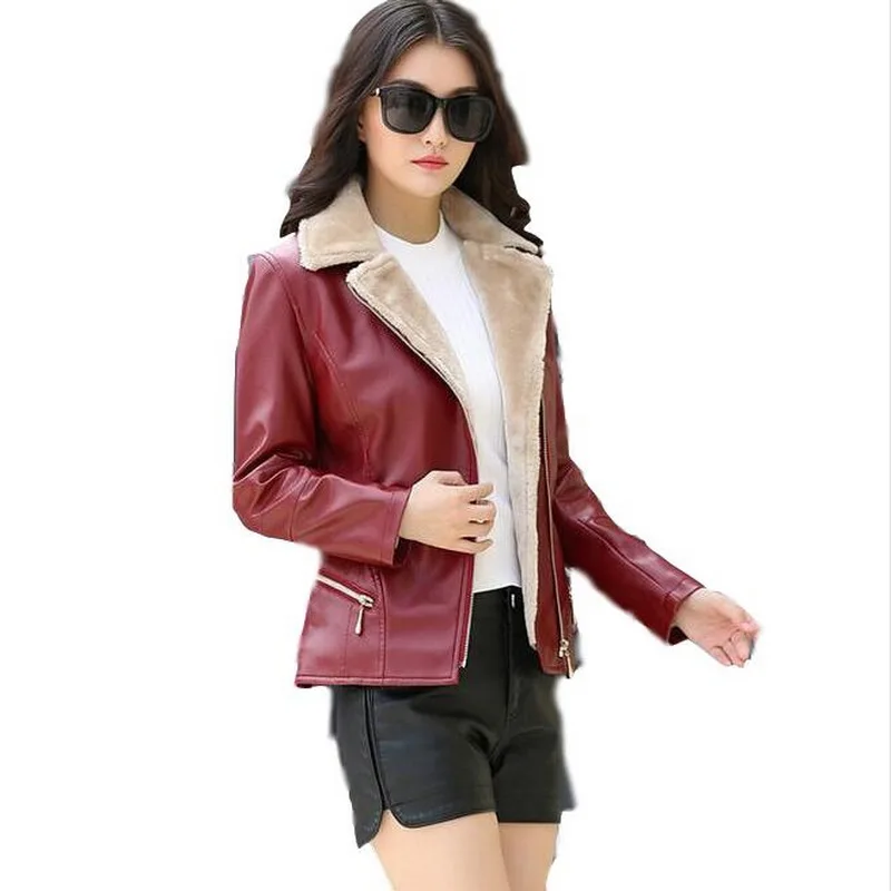 

2019 Winter Women Leather Jacket Warm Female Faux Leather Jackets Fashion Office Lady Coat Plus thick velvet fur leather jacket