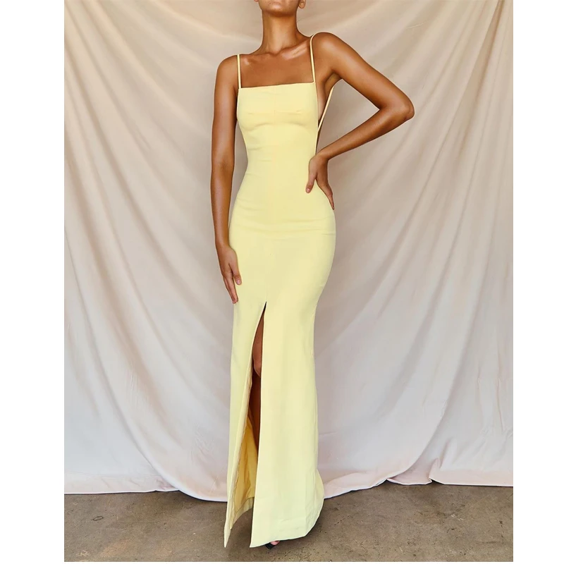 

Summer Women's Slim Dress Sexy Backless High Split Sling Dress Yellow tube top dress dinner temperament office women's clothing