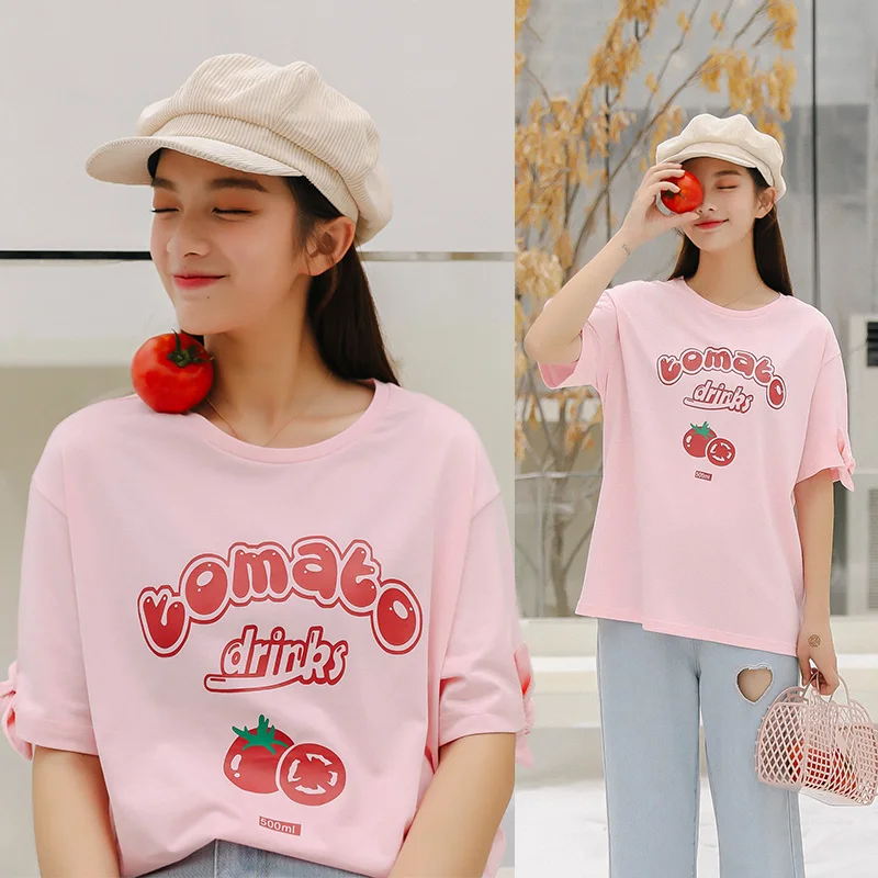 الوردي الطماطم إلكتروني فضفاض تي شيرت غير رسمي الكورية المرأة التي شيرت Kawaii طالب Ulzzang سيدة Ulzzang المتناثرة Ins أعلى للنساء المحملة