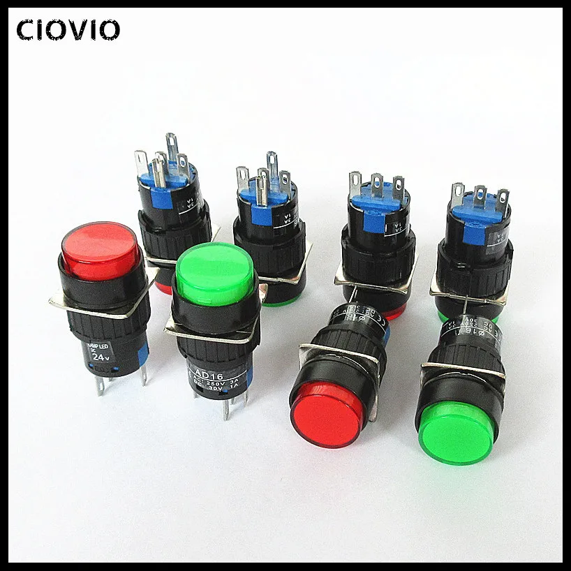 CIOVIO 24V silver contact LED light 16MM LA16 jog switch round flat button switch red  green