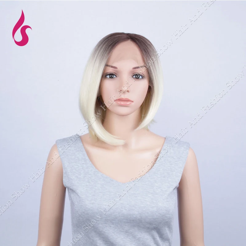 2016 Hot Sale Heat Resistant wigs Ombre Dark Root to Blonde Short straight Synthetic Lace Front bob Wig for Women !! |