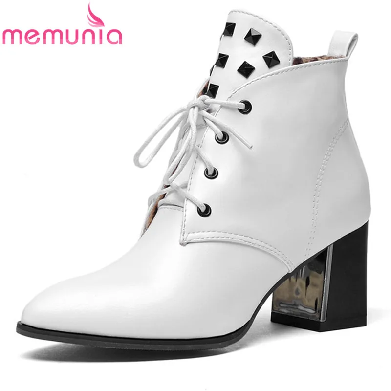 

MEMUNIA 2020 new arrival thick high heels boots pointed toe pu leather ankle boots for women rivet punk ladies lace up shoes