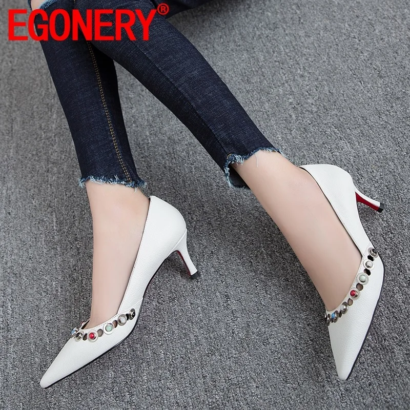 

EGONERY woman shoes spring new fashion sexy high quality genuine letaher woman pumps outside high heels metal decoration shoes