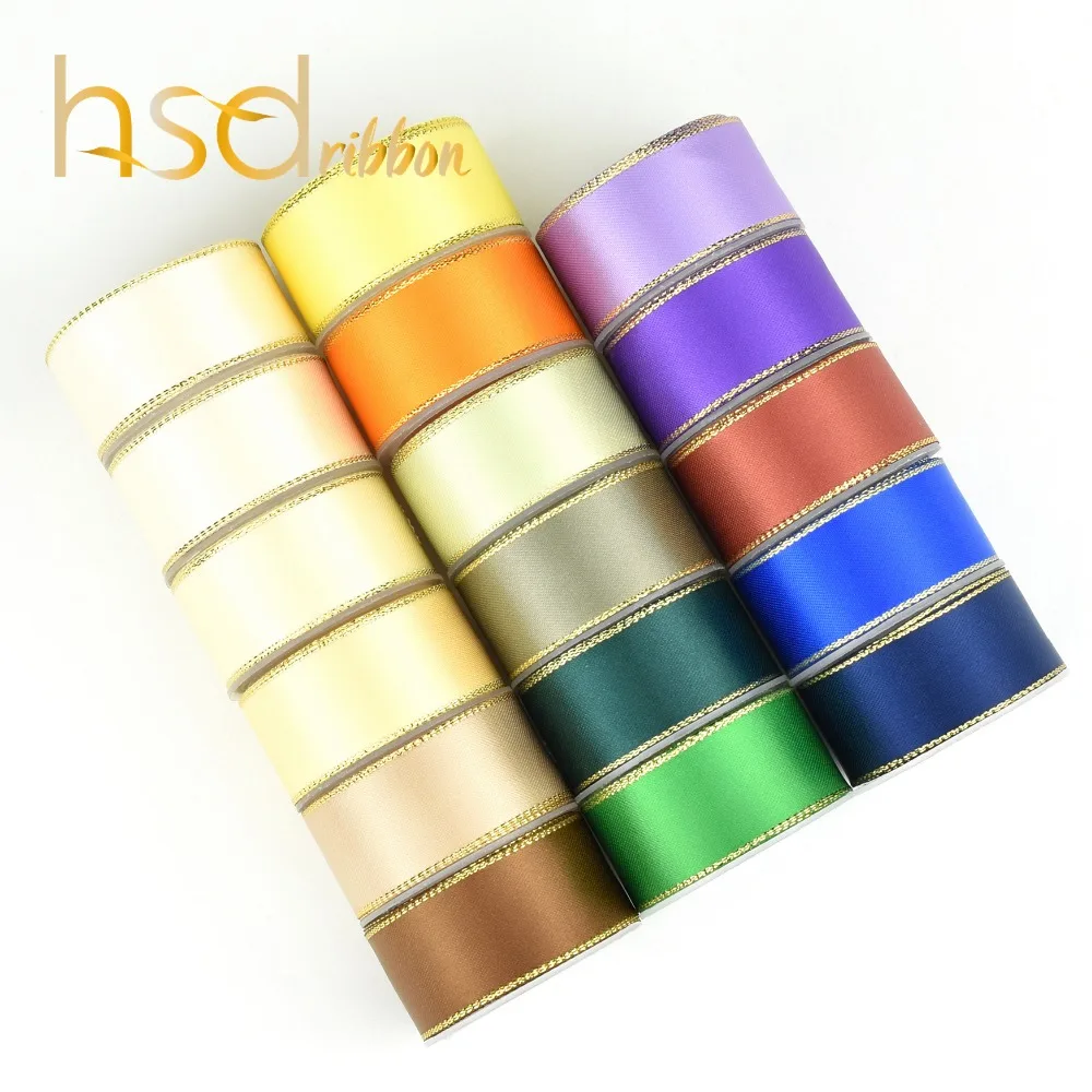 

HSDRibbon 9MM 16MM 22MM 38MM solid Navy purple orange yellow Gold Metallic Edge Satin Ribbon
