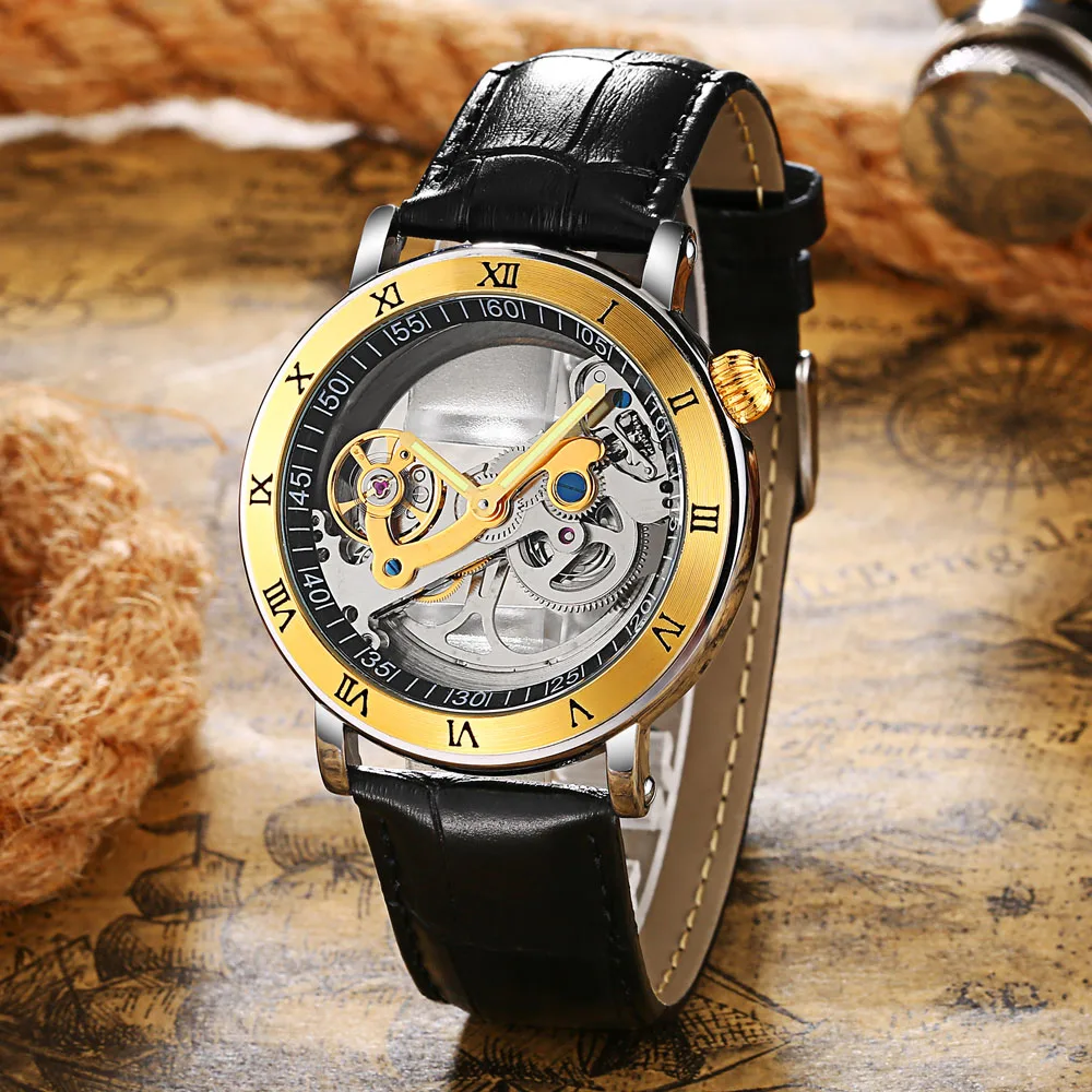 luxury mechanical watch cheap Luxury Brand WOONUN Leather Strap Transparent Dial Golden Case Mens Watches Automatic Mechanical Orologio Men mechanical watch movement