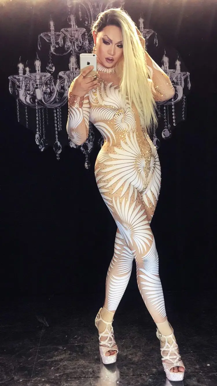 Fashion Sexy Geometric patterns Jumpsuit Sparkly  Bodysuit Stage Wear Women's Celebrate Female Singer  Crystals Costume Outfit