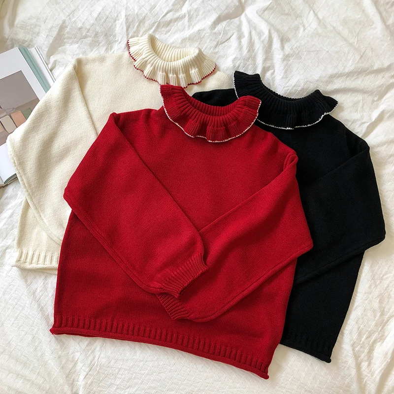 3 цвета весна и осень Корейский сладкий стиль свободные оборки шеи трикотажные свитера женские свитера и пуловеры(X211