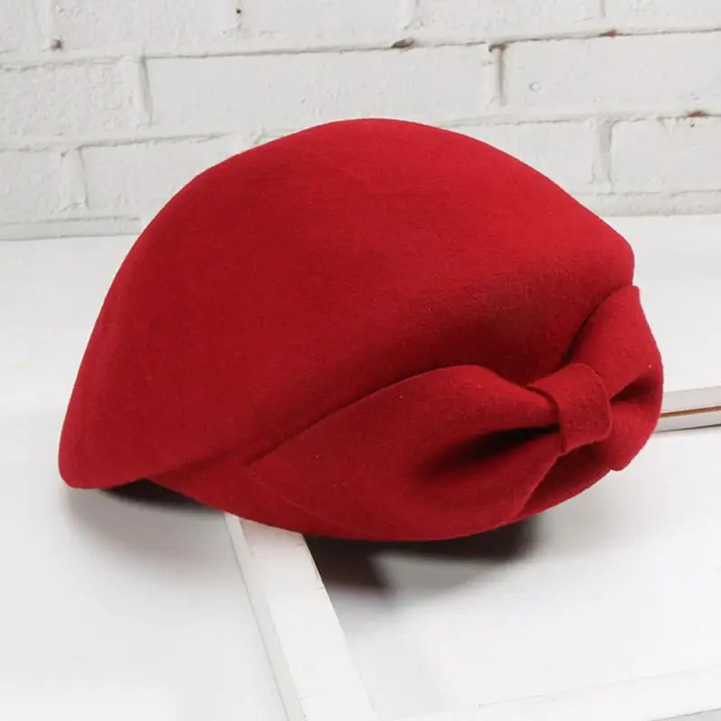 Cena Lady Elegant Moda Jednolity Kolor Retro Vintage Fashion Eleganckie Bowknot Beret Wełniany Kapelusz Utrzymać Ciepło w chłodne dni