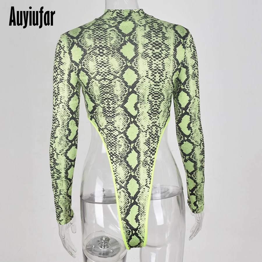 Auyiufar, Модный комбинезон со змеиным принтом для женщин, неоновый зеленый комбинезон размера плюс, облегающий сексуальный комбинезон с длинным рукавом, неоновый комбинезон