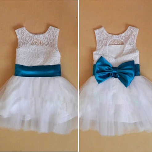 

2014 New Arrive White/Ivory Lace Flower Girl Dress With Colors Bowknot A Line High Quality Lace Girl Dress for Wedding