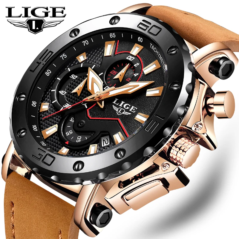 

LIGE Casual Fashion Watches Men's t Top Brand Luxury Leather Strap Business Men's Watch Waterproof Chronograph Quartz Men's Watc