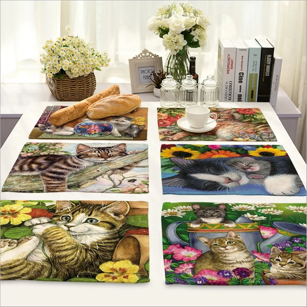 Home Decor Cute Cat Placemat Linen Fabric Table Mat Dishware coasters