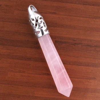 KFT Silver Plated Natural Healing Crystal Rose Pink Quartz Reiki Hexagon Prism Pendulum Stone Pendant Women Men Jewelry