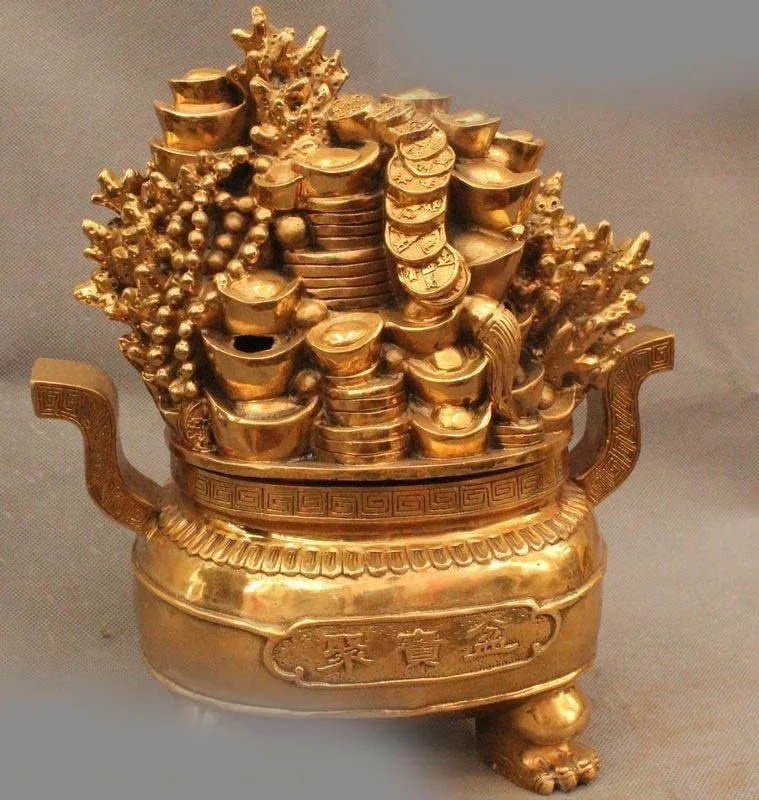 

12" Chinese Dynasty Brass Treasure Bowl Elephant Handle Incense Burner Censer
