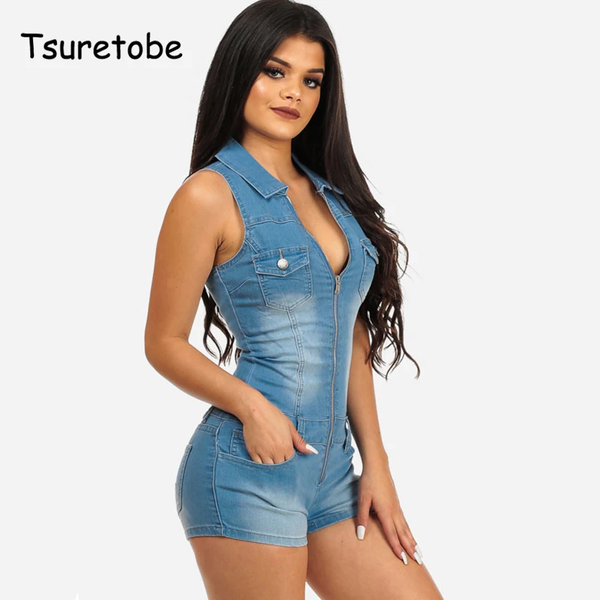 Tsuretobe Donne Del Denim di Estate Pagliaccetto Tutina Senza Maniche Corto  Jeans Sexy Profondo Scollo A V Slim cowboy Estate Tute Tuta|romper  playsuit|jumpsuit playsuitsummer jumpsuit - AliExpress