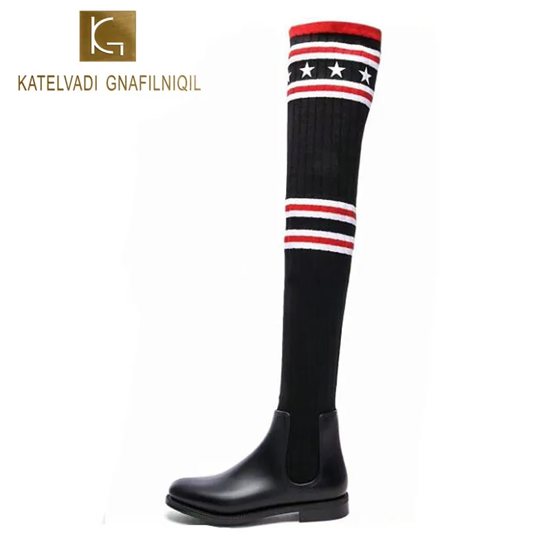 

Socks Boots Women Stretch Slim Winter Over Knee Boots Black Thigh High Boots Elastic Shoes Woman Round Toe Snow Boots K-061