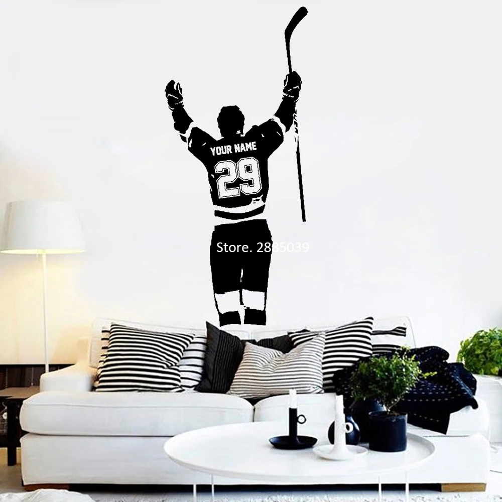Персонализированная Наклейка на стену с хоккеистом на заказ с именем и номерами, Виниловая наклейка с хоккейной целью для мальчиков и детей, декор для спальни LC1071