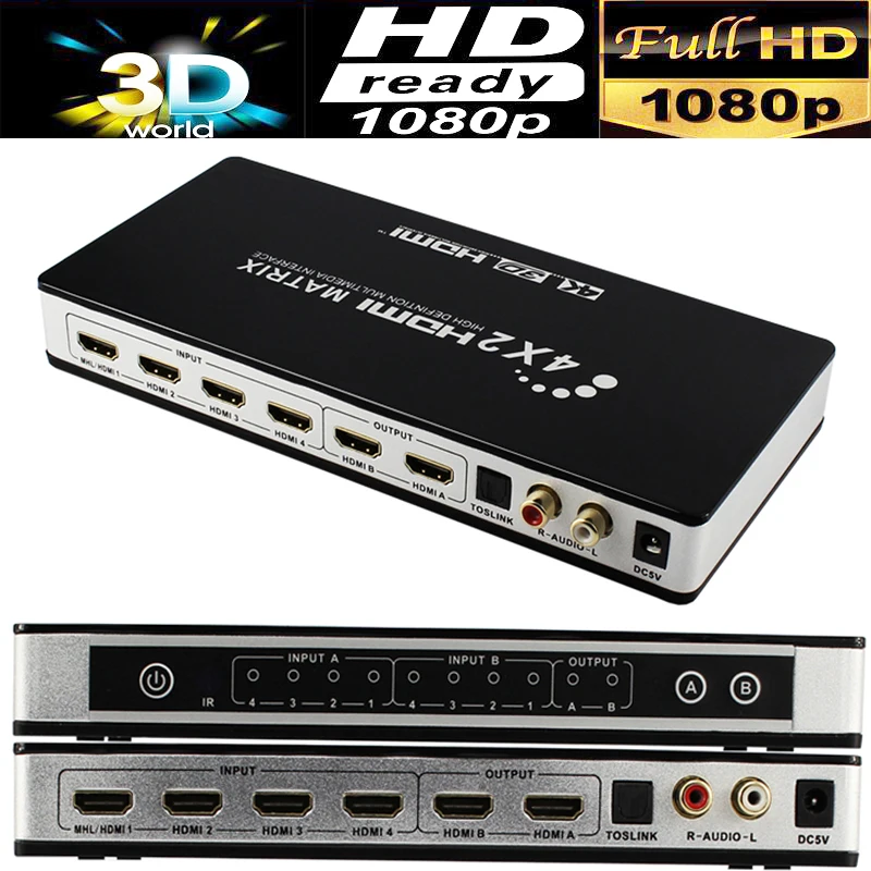 

HDMI matrix 4X2 with Digital audio toslink+L/R stereo 4K Matrix HDMI Switcher Splitter 4 in 2 out with EIDI Digital audio out