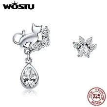 WOSTU подлинные 925 пробы серебряные серьги-гвоздики с милым котиком и прозрачным кристаллом для женщин серебряные ювелирные изделия высокое качество подарок CQE424