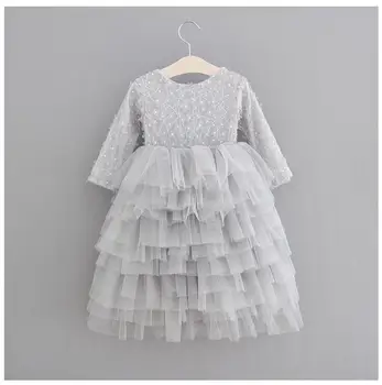 

Soft Lace flower girl Dress long sleeve backless Party Princess long layered dress toddler tiered tulle wedding dress 5pcs/lot