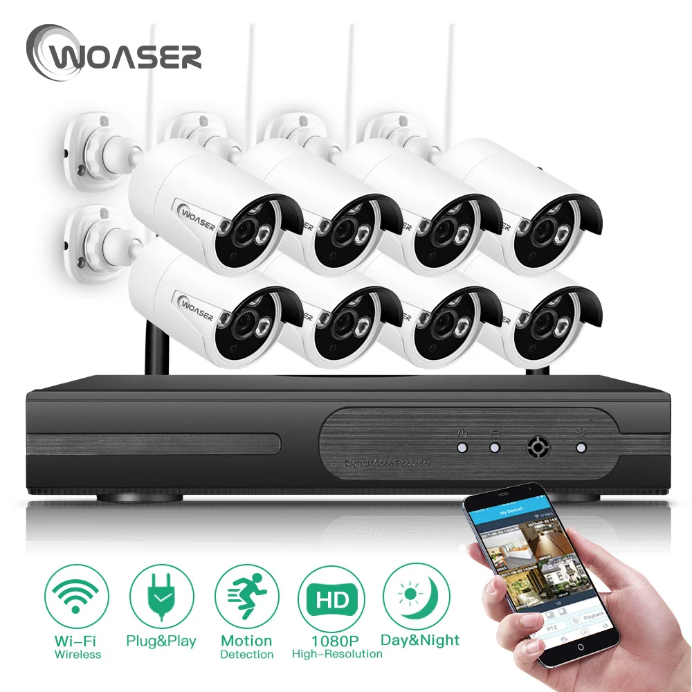 Woaser 8ch CCTV Системы Беспроводной 1080 P NVR 8 шт. 2.0mp ИК Открытый P2P Wi-Fi ip-cctv безопасности