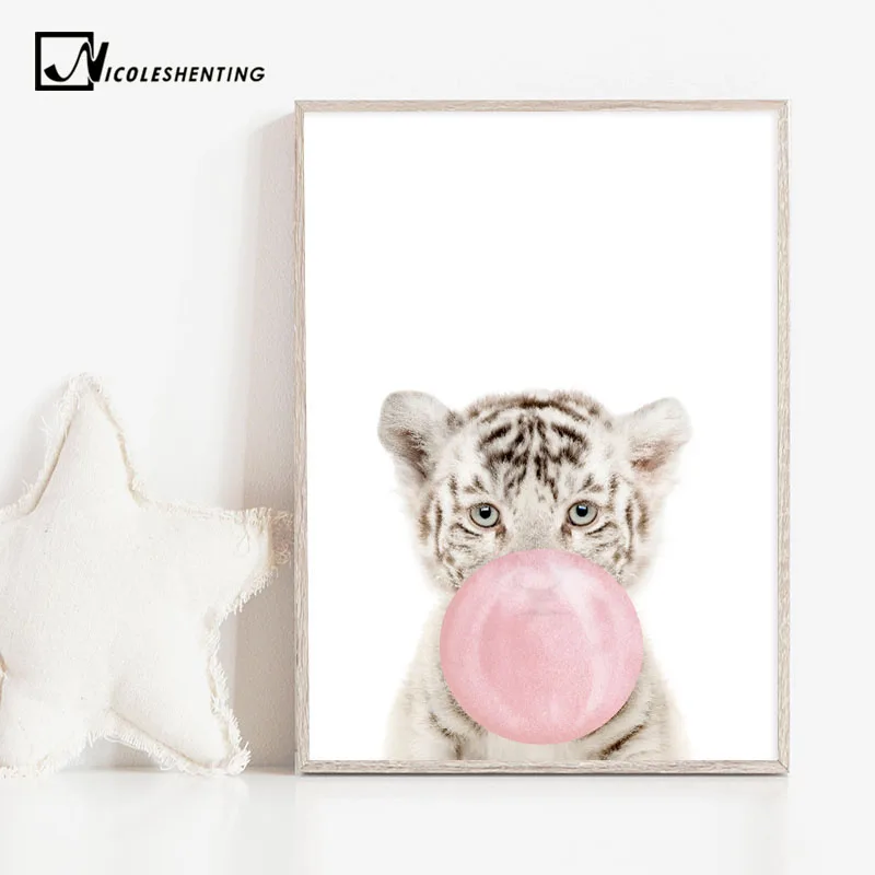 

Pink Bubble Baby Tiger Animal Wall Art Canvas Print Nursery Poster Painting Decorative Picture Nordic Kids Bedroom Decoration