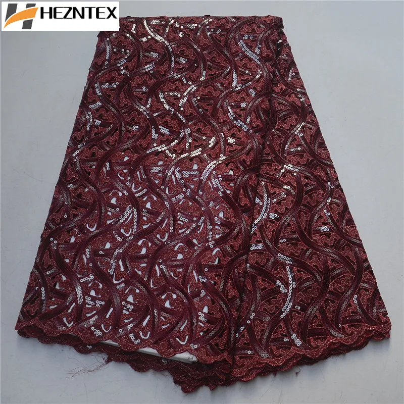 

2019 Latest Wine French Sequins Lace Fabrics High Quality African Mesh Lace Fabric With Sequins For Women Wedding Dress PSA578-1
