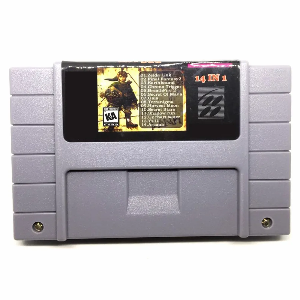 

14 in 1 with Earthbound Chrono Trigger Secret Of Mana 16 bit 46 pin Big Gray Game Console For USA Version NTSC Player Save