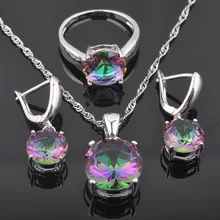 2019 New Rainbow Cubic Zirconia Redonda das Mulheres 925 Conjuntos de Jóias de Prata Brincos/Pingente/Colar/Anéis Melhor presente QZ0368(China)