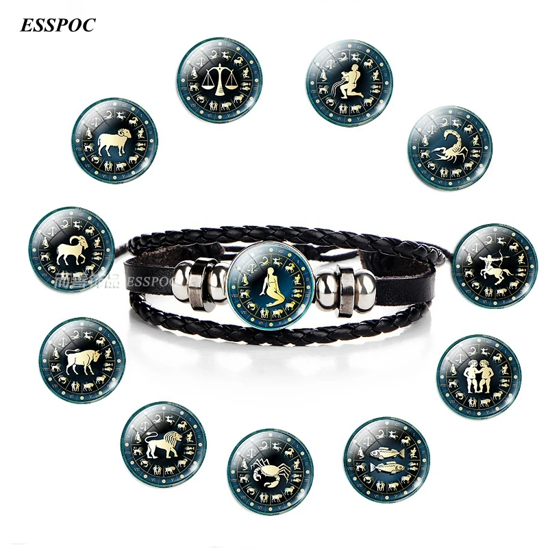 

12 Zodiac Signs Bracelet Glass Cabochon Adjustable Button Black Leather Bracelet Birthday Gifts Constellations Jewelry