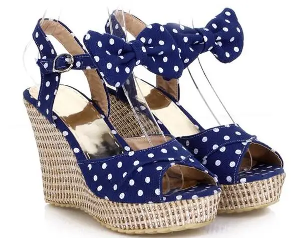 MAZIAO лето обувь на платформе женские туфли с открытым носком с узором в горошек и бантом платформа, танкетка, каблук Женская обувь из двух предметов Дамская обувь красные, синие - Цвет: Синий