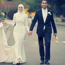 African Muslim Long sleeve Wedding Dresses Mermaid High Neck Eleganr Bridal Dresses Vestido de Noiva with hijab Z864