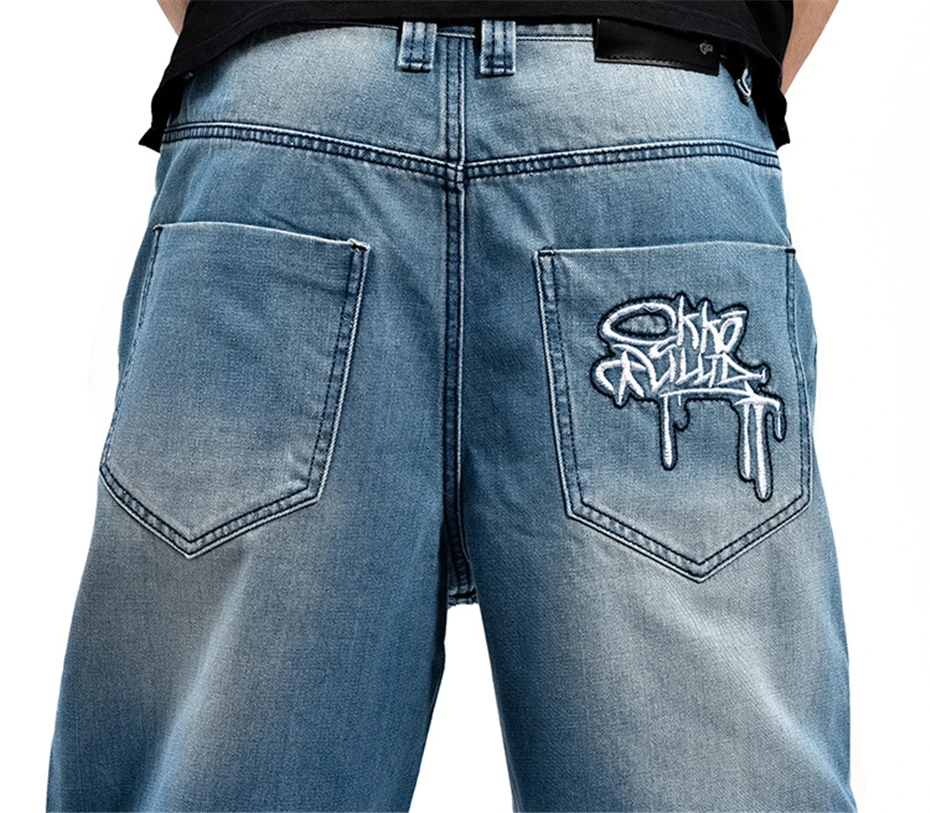 Мешковатые джинсы, мужские джинсовые штаны, свободные уличные джинсы, хип-хоп стиль, повседневные штаны с принтом для скейтборда, мужские брюки размера плюс, синие S96