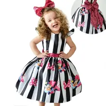 Платье в полоску с Минни для маленьких девочек милые летние платья без рукавов вечерние платья принцессы для девочек, vestidos, детская одежда с бантиком на день рождения и с блестками