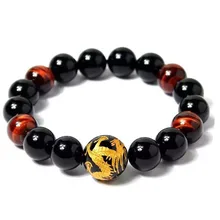 Trae suerte y riqueza ajustable del estiramiento brazalete de piedra natural 12 mm ojo de tigre y tallar ágata granos dragón pulsera para hombre