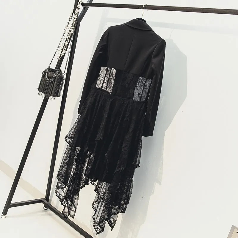 Women Blazer Long Sleeve Double Breasted Blazers Solid Irregular Tops Lace Spliced Hollow Out Long Blazer