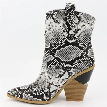

Drop Ship 2020 New Fashion Brand Women Ankle Boots High Heels Ladies Shoes Woman Party Dress Basic PU Snake Leather Boots Women
