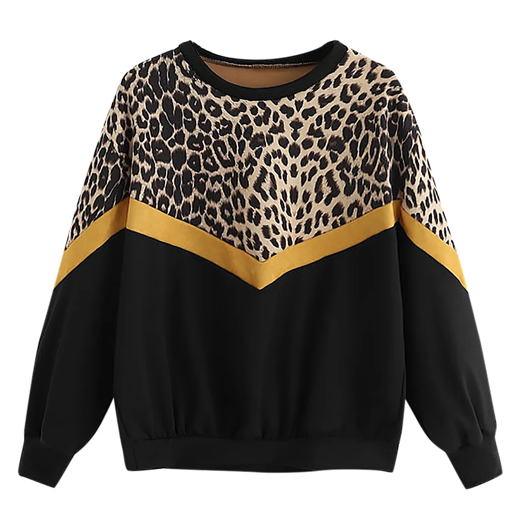 

Fashion Womens Sweatshirt Harajuku Casual Long Sleeve Patchwork Leopard Print O-Neck Tops Sweatshirt Clothes
