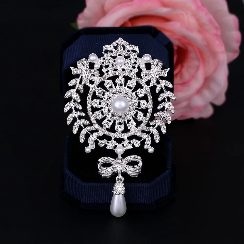 Large Size Silver//Gold Color Plated Clear Crystal Rhinestones Bow Drop Brooch Pins Jewelry Gifts for Women