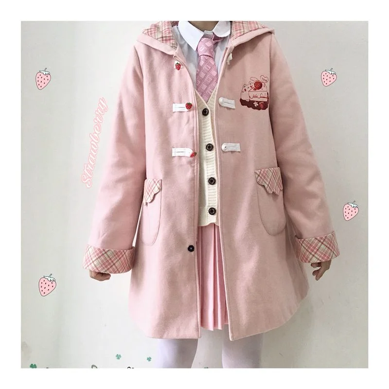 Клубничный торт милая Лолита розовая куртка Милая Женская осенне-зимняя верхняя одежда с капюшоном и длинными рукавами куртка Лолита