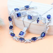 Синий Кубический Цирконий Серебро 925 Свадебные Ювелирные наборы для женщин Свадебные ювелирные изделия Кольцо Серьги Браслеты кулон и ожерелье набор подарочная коробка