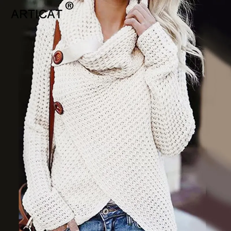

Articat Autumn Winter Turtleneck Knitted Sweater Women Long Sleeve Asymmetrical Loose White Pullover Casual Pull Femme Jumpers
