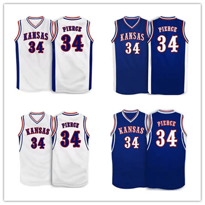 

#34 Paul Pierce Kansas Jayhawks Basketball Jersey White Blue Retro throwback Embroidery Stitched Personalized Custom Jerseys