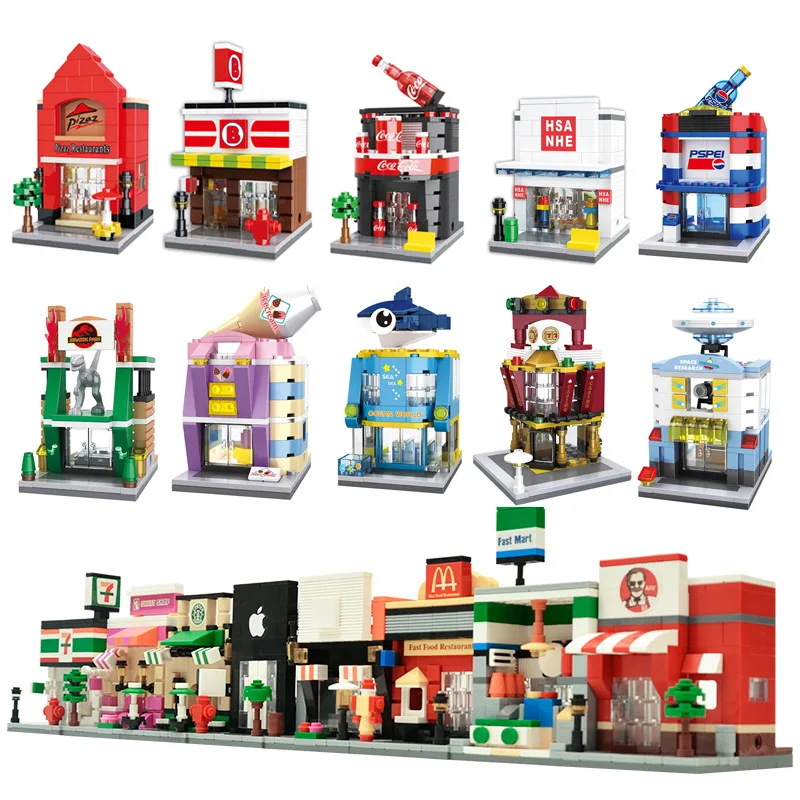 

City Mini Street Building Blocks Retail Store Shop 3D Model McDonald Cafe Apple Architecture Classic Toy Compatible Legoedly new