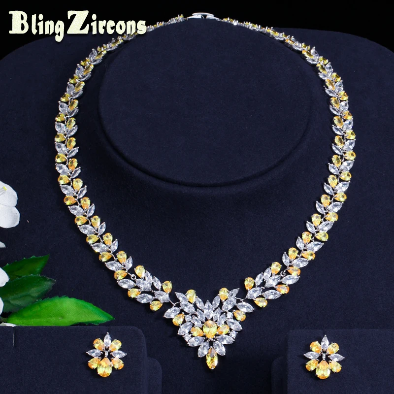 

BeaQueen Nigerian African Yellow and White Marquise CZ Crystals Necklace Earrings Sets Wedding Party Jewelry for Brides JS026