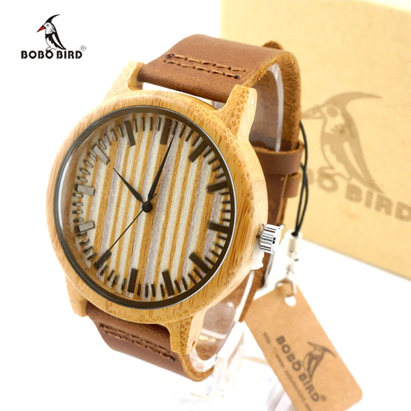 BOBO BIRD Top Mens Bamboo Watches Genuine leather Strap Wooden Wristwatches Men and Women Quartz Watch relogio masculino C-A20